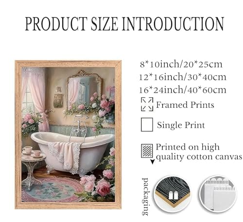 Pink Flowers Theme Bathroom Canvas Wall Art Vintage Bathtub Painting Picture Wall Decor Floral Botanical Poster Print Artwork for Toilet bedroom Restroom Home Decoration