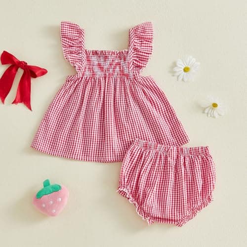 Baby Girl Summer Clothes Strawberry Cherry Ruffle Dress Tops Shorts Sets Bow Flower Bloomers Infant Newborn Outfit (03 Strawberry Red, 12-18 Months) — view 4
