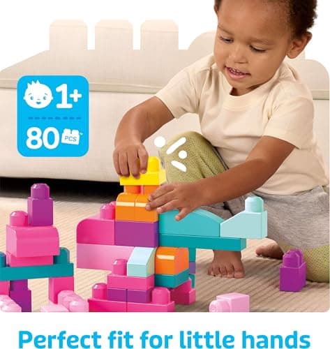 MEGA BLOKS First Builders Toddler Blocks Toys Set, Big Building Bag Collection with 80 Pieces and Storage, Pink, Ages 1+ Years — view 4