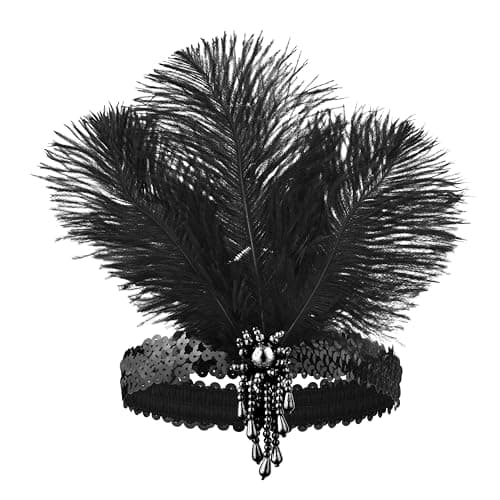 FeelfunFeather Women 1920s Flapper Set,Roaring 20s Headband Headpiece Costume Accessories with Necklace Earrings Gloves for Halloween Party Cosplay(Black-6)