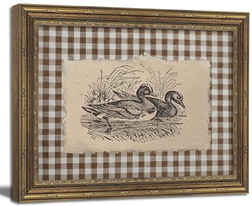 Vintage Gold Framed Wall Art Vintage Duck Wall Art Rustic Farmhouse Brown Gingham Duck Wall Decor Picture Country Cottage Illustration Poster Print Artwork for Living Room Bedroom 9x11in