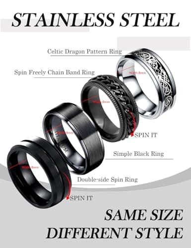 EVBEA 4Pcs Mens Fidget Ring Spinner Ring Set - Anxiety Relief Bands, Cool Hip Hop Chain Rotation Stainless Steel Male Jewelry for Stress Relief Father Day Gift 1 Celtic Ring & 3 Spinner Ring,9