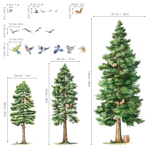 wondever Large Pine Tree Wall Stickers Watercolor Woodland Tree Birds Peel and Stick Wall Art Decals for Living Room Bedroom Baby Nursery — view 3