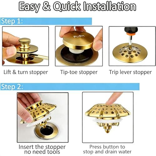 AzWzz Bathtub Drain Stopper, Pop Up Tub Stopper Plug with Bathtub Drain Hair Catcher Cover, Universal for 1.45 in to 1.8 in Tub Drain, Brushed Gold — view 3