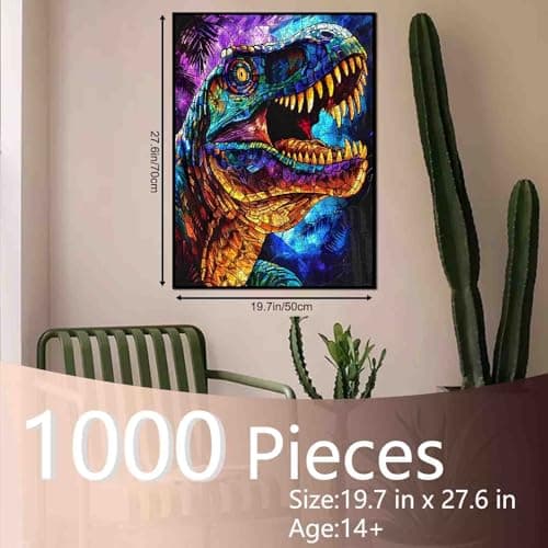 Glass Dinosaur Jigsaw Puzzle，T Rex 1000 Pieces Jigsaw Puzzles for Adults，27 x 20 Inches Puzzles for Families，HD Quality Stained Glass Dinosaur Photo Puzzle Gift，Family Activity Perfect for Game Nights — view 2