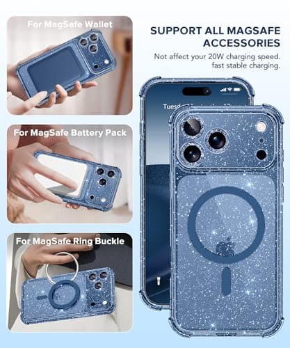 BERFY for iPhone 17 Pro Max Case for Women, Compatible with MagSafe, Clear Glitter Shockproof Protective Case, Anti-Yellowing, with Screen Protector Covers 6.9", Sparkle Blue — view 5