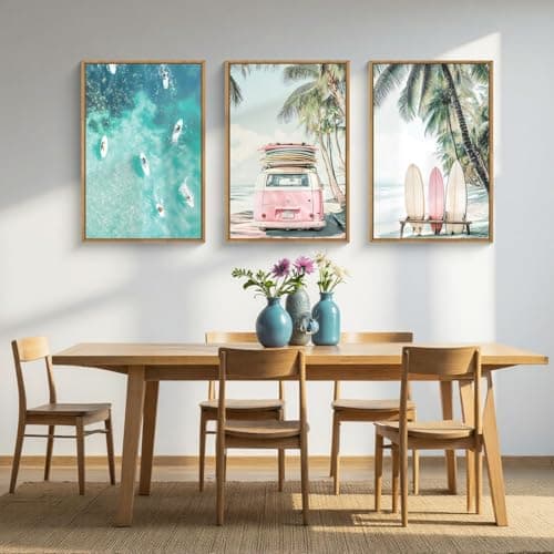 HPNIUB Summer Surfboard Beach Framed Canvas Wall Art Set,Modern Ocean Surfing Seascape Wall Decor,Coastal Bus Coconut Tree Wall Painting,Nature Botanical Art Prints for Living Room, Bedroom-16"x24"x3 — view 3