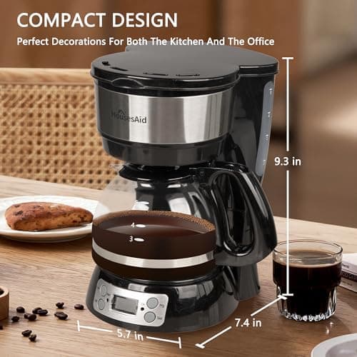 HousesAid 5-Cup Programmable Drip Coffee Maker with Digital Timer, Glass Carafe,24-Hour Auto Brew,2-Hour Auto Shut-Off, Pause & Pour, Removable Filter Basket,Compact Coffee Machine for Home & Office — view 6