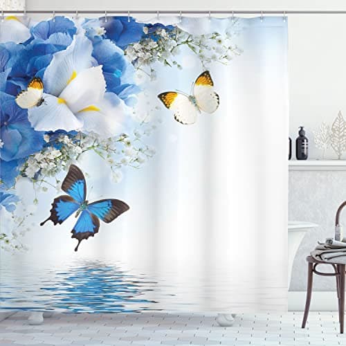 Ambesonne Floral Shower Curtain, Nature Theme Wild Flowers Monarch Flying Butterflies Lily on Lake Therapy Spa, Cloth Fabric Bathroom Decor Set with Hooks, 69" W x 70" L, Blue White