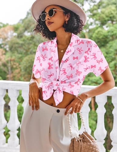 Ekouaer Pajamas Set for Women Short Sleeve Sleepwear Button Down Pjs Lounge Sets Soft Nightwear Bow Small — view 4