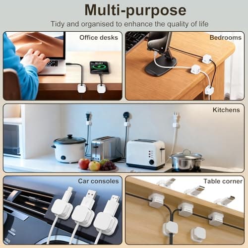 10 Pack Magnetic Cable Clips, Cord Holder with Strong Adhesive, Cable Management Organizer for Desk, Phone Charger, Computer, Car, Home Office - White/Black — view 5