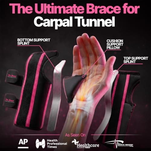 DR. BRACE Adjustable Wrist Brace Night Support for Carpal Tunnel, FSA & HSA Eligible, Doctor Developed, Upgraded with Double Splint & Therapeutic Cushion, Hand Brace for Pain Relief, Injuries, Sprains (S/M Right Hand, Black-Pink)