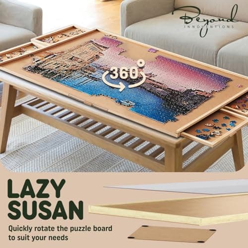 1500 Piece Wooden Jigsaw Puzzle Table - 6 Drawers, Rotating Puzzle Board | 35” X 28” Jigsaw Puzzle Board | Puzzle Cover Included - Portable Puzzle Tables for Adults and Kids by Beyond Innoventions — view 2