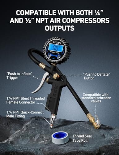 AstroAI Digital Tire Pressure Gauge with Inflator, 3-250 PSI Air Chuck & Compressor Accessories Heavy Duty with Quick Connect Coupler, 0.1 Display Resolution, 1Pack Standard