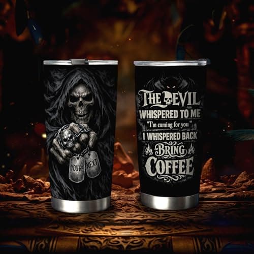20oz Skull Devil Tumbler, Reaper Skull, Goth, Gothic Gifts, Gaming, Gamer Gifts, Coffee Tumbler for Men, Stainless Steel Double Wall Vacuum Insulated Coffee Mug, Travel Cup with Lid