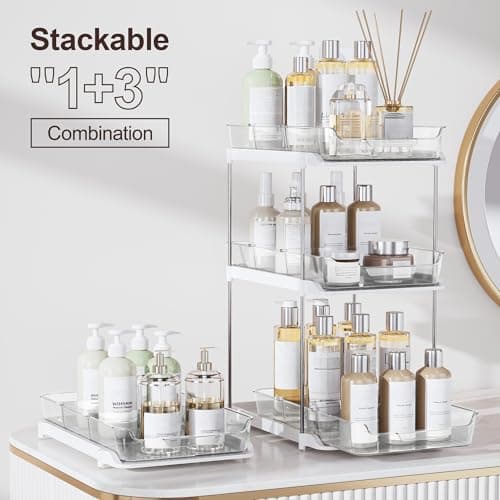 Delamu 2-Tier Multi-Purpose Bathroom Under Sink Organizers and Storage, Stackable Kitchen Pantry Organization, Pull Out Medicine Cabinet Organizer with Movable Dividers, White, 2 Pack — view 2