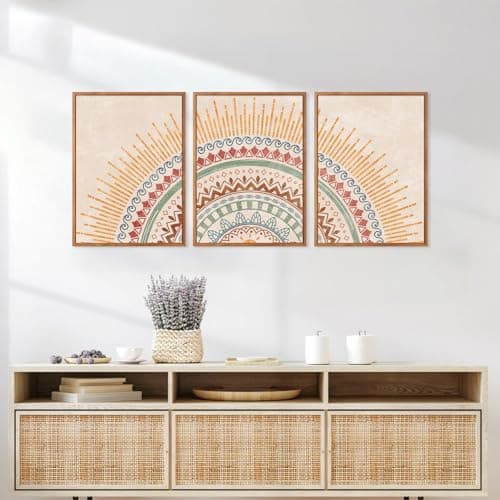 HPINUB Boho Sun Framed Canvas Wall Art Set, (Set of 3,12X16 Inch) Mid-Century Modern Wall Decor, Minimalism Bohemian Wall Painting, Abstract Geometric Pattern Art Print for Living Room,Bedroom,Office — view 4