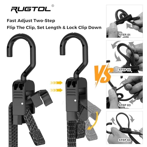 Rugtol Bungee Cords with Hooks, 48 Inch Adjustable Flat Bungee Straps with Quick Release Buckle, Rubber Black Heavy Duty Elastic Cords with Metal Hooks for Bike Rack, Outdoor, Camping, Tarp, 6 Pack — view 3