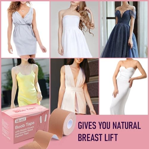 Ultimate Breast Tape Kit for Women, 1 Roll Boob Tape, 8 Pairs Nipple Covers, 41pcs Fashion Tape Strips and Test Pad, Hypoallergenic, Waterproof & Reusable for Dresses, Weddings, Sports — view 6