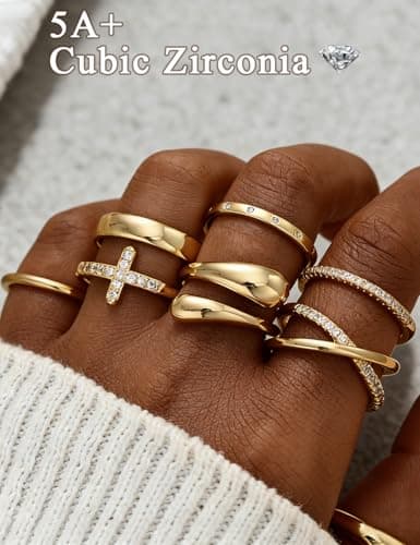 iF YOU Non Tarnish Chunky Gold Rings for Women, 14K Gold Plated Dainty Stackable Cross Cubic Zirconia Ring Set, Knuckle Stacking Statement Wedding Bands Jewelry Gift Idea for Mom Wife Size 7 — view 6