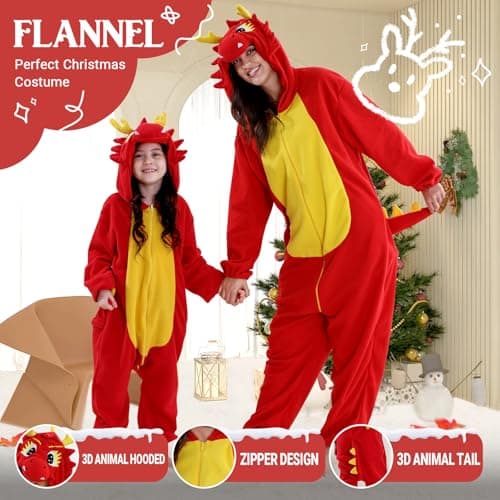 MICHLEY Unisex Kids Animal Pajamas Jumpsuit for Boys Girls Halloween Cosplay Costumes Homewear Dragon-10Y
