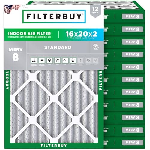 Filterbuy 16x20x2 Air Filter MERV 8 Essential Dust & Allergy Defense (12-Pack), Electrostatic Pleated HVAC AC Furnace Filters Replacement, Made in USA (Actual Size: 15.50 x 19.50 x 1.75)