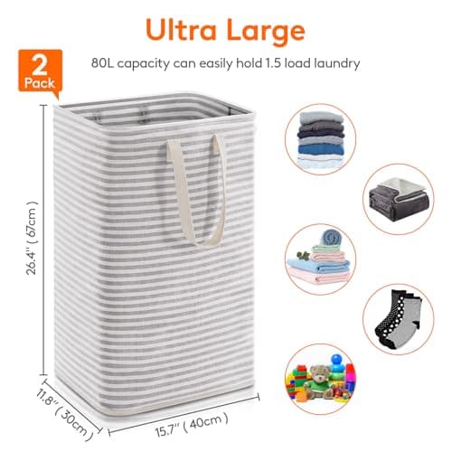 Lifewit 2-Pack 80L Freestanding Laundry Hamper, Large Collapsible Laundry Baskets with Easy Carry Extended Handles, Waterproof Clothes Hamper in Bedroom, Bathroom, Laundry Room, College Dorm, Grey — view 2
