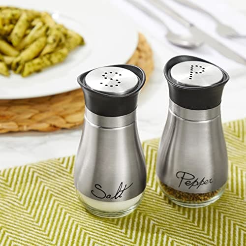 Stainless Steel Salt and Pepper Shaker Set with Glass Bottom, Perforated "S" and "P" Caps - Modern Kitchen Counter Decor (4oz) — view 6