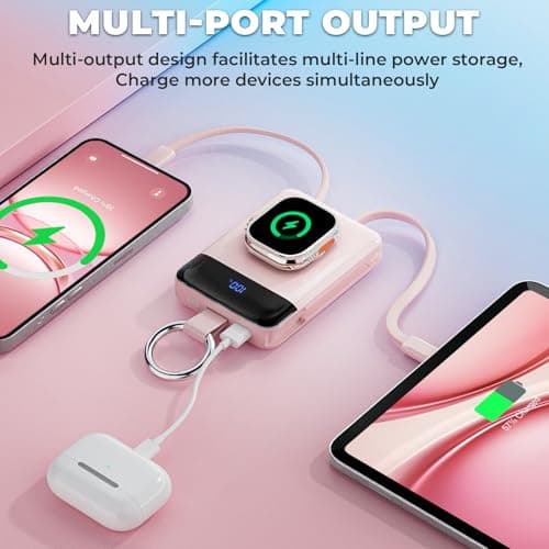CHALIGTI 5000mAh Portable Charger with LED Display,PD 20W Super Fast Charging Power Bank with Built-in Cables,Travel Keychain Battery Pack for Apple Watch Series,iPhone Air/17/16/15/14/13/12,Pink