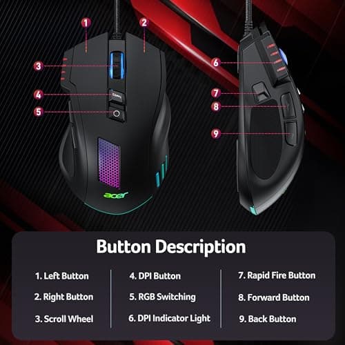 Acer Wired Gaming Mouse, 12800 DPI RGB Computer Mouse with High Optical Sensor, Ergonomic Mouse Customized 6 Programmable Buttons, 12 Backlights, and Rapid Fire Button with Driver for Laptop, PC, Mac — view 3