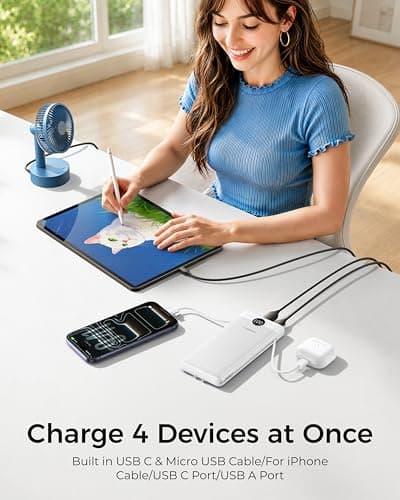 VEGER Portable Charger with Built-in AC Plug and Cables, All in One 10000mAh Ultra Slim Power Bank Travel Essentials, USB C External Battery Pack Compatible with iPhone, Samsung, More, White — view 2