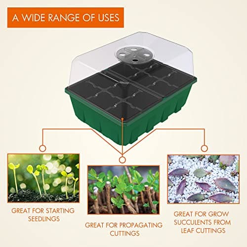 Gardzen 10-Set Garden Propagator Set, Black Seed Tray Kits with 120-Cell, Seed Starter Trays with Dome and Green Base 6.6" x 4.5" (12-Cell Per Tray)