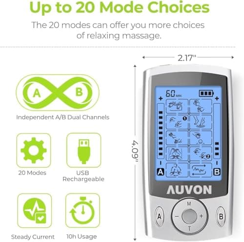 AUVON Dual Channel TENS Unit Muscle Stimulator Machine with 20 Modes, 2" and 2"x4" TENS Unit Electrode Pads — view 3