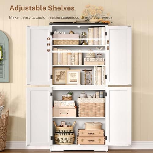 TEENFON Farmhouse Storage Cabinet with 2 Adjustable Shelves, Pantry Cabinet with 4 Barn Doors, Bathroom Cabinet, Cupboard for Kitchen, Living Room, Entryway, White — view 3