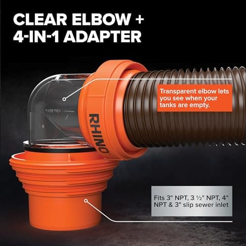 Camco RhinoFLEX 15' Camper/RV Sewer Hose Kit — Includes 4-in-1 Adapter, Clear Elbow, & Caps — Connects to 3″ Slip & 3″, 3 1/2″, 4″ NPT Threaded Sewer Connections (39770) — view 4