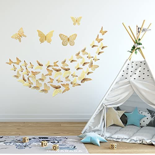 3D Gold Butterfly Wall Decor 3 Sizes 4 Styles Butterfly Party Decorations Cake Decorations Removable Stickers Wall Decor Room Mural Metallic Kids (Gold, 48Pcs) — view 5