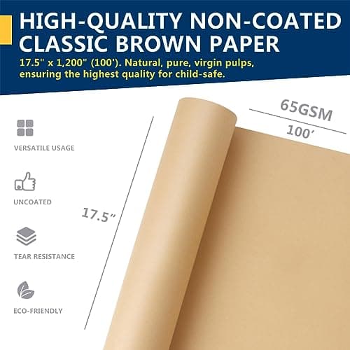 PerkHomy Brown Kraft Paper Roll 17.5" x 1,200" (100') for Gift Wrapping Bulletin Board Craft Art Bouquet Flower Packing Valentines Easel Moving Shipping Floor Poster Covering Table 70GSM 50LB — view 3