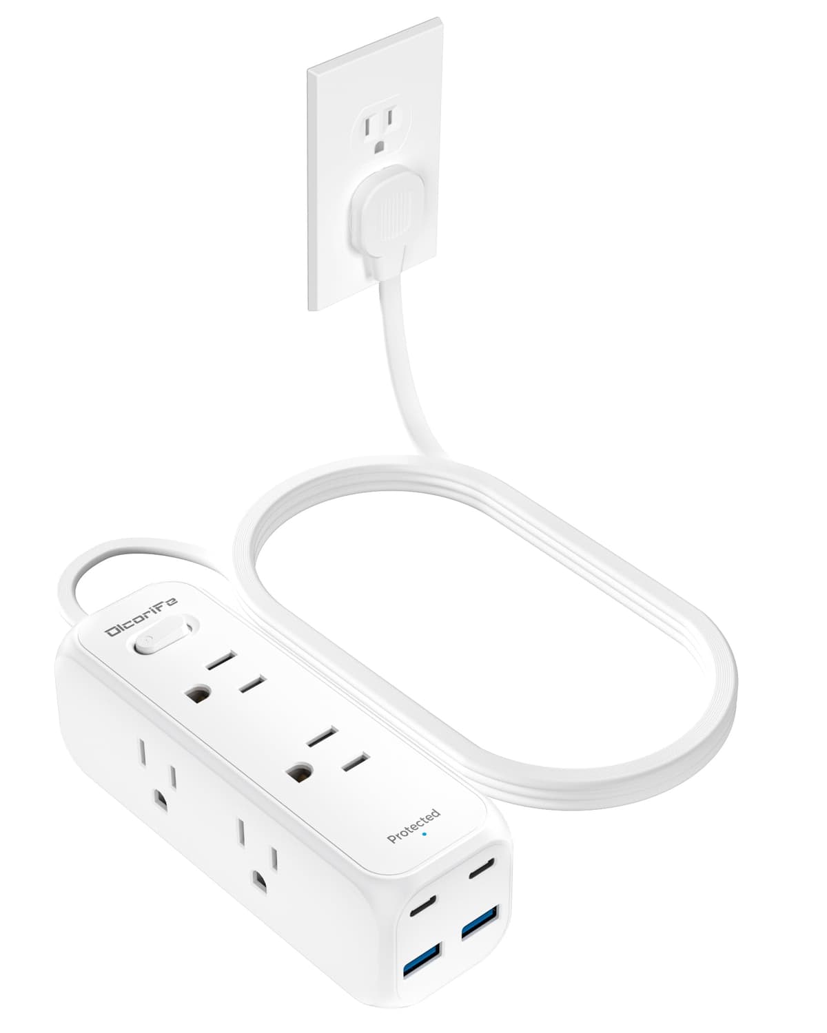 Short Extension Cord 1ft - Olcorife Flat Plug Power Strip with 6 Outlets 3 USB Ports(1 USB C), Small Outlet Extender for Travel Dorm Room Essentials, White — view 9