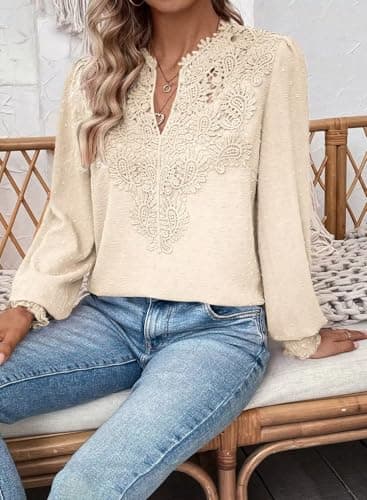Falechay Womens Winter Tops V Neck Fashion Flower Trendy Tops for Women Apricot Dressy Casual Swiss Dot Clothes XS — view 2
