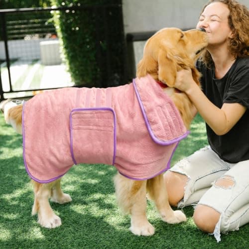 Soft Dog Bathrobe Fast Drying Dog Coat, Super Absorbent Dog Towels for After Bath, Microfiber Pet Robe Adjustable Collar & Belly Warm Keeping Dogs Coat for Pet Dogs & Cats (Pink, X-Large) — view 4