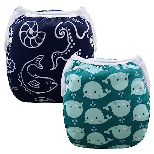ALVABABY Baby Swim Diaper Reusable Toddler Boy Girl Swim Diapers Adjustable Washable 2 Pack 0-2T for Swimming Lessons Dolphin