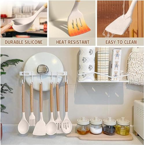Umite Chef Kitchen Cooking Utensils Set, 33 pcs Non-Stick Silicone Cooking Kitchen Utensils Spatula Set with Holder, Wooden Handle Silicone Kitchen Gadgets Utensil Set (Khaki) — view 4