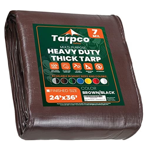 Tarpco Safety Heavy Duty 7 Mil Tarp Cover, Waterproof, UV Resistant, Rip and Tear Proof, Poly Tarpaulin with Reinforced Edges for Roof, Camping, Patio, Pool Cover, Boat (Brown/Black 24′ X 36′)