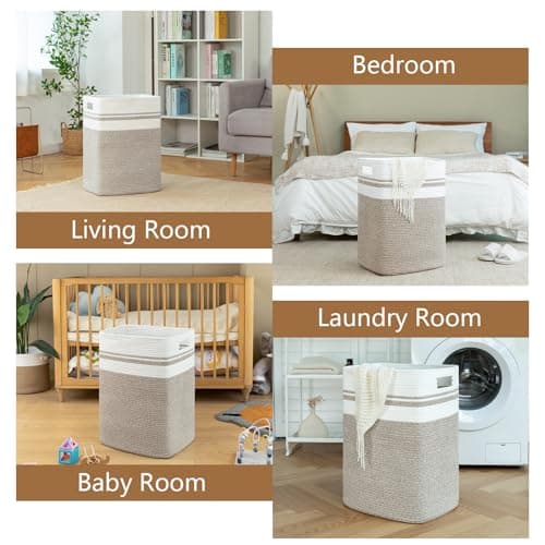 OIAHOMY Laundry Hamper-Laundry Basket,Tall Cotton Storage Basket with Handles,Decorative Blanket Basket for Living room,Collapsible Large Basket for Toys,Pillows,Clothes-16x13x22in-Yellow variegated — view 5