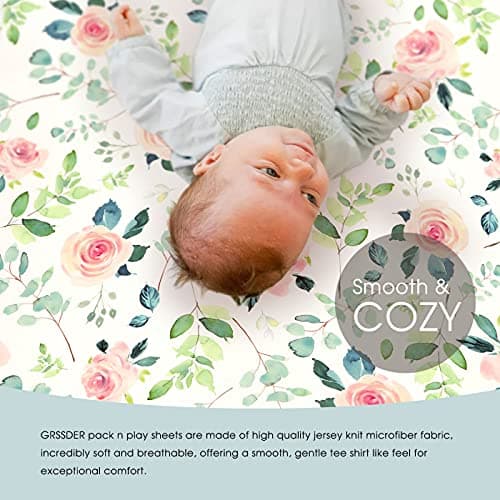 GRSSDER Stretchy Ultra Soft Jersey Knit Fitted Pack n Play Sheets Set 2 Pack, Portable/Mini Crib Sheets, Snug and Safe Playards Sheet for Baby, Pink Rose Stylish Print — view 3