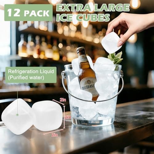 Extra Large Reusable Ice Cubes for Drinks(2” Square) - 12 Pack BPA-Free Plastic Ice Cube - Chills Drinks Without Diluting Suitable for Large Containers, Water Pitchers, Cold Therapy Devices