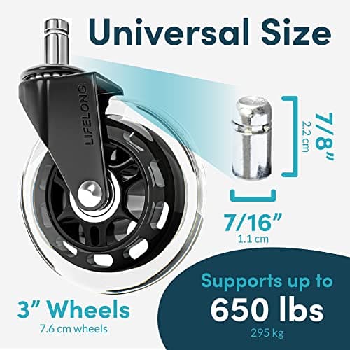 Lifelong Office Chair Wheels Replacement Rubber Chair Casters for Hardwood Floors and Carpet, Set of 5, Heavy Duty Casters for Chairs to Replace Office Chair Mats - Fits 98% — view 3
