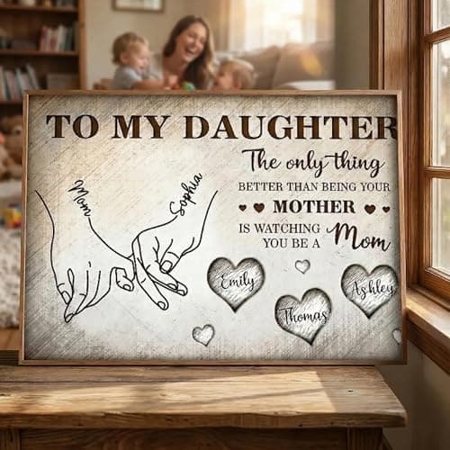 Personalized To My Daughter Wooden Wall Art from Mom – Custom Canvas Holding Hands Plaque with Kids Names, Meaningful Mother’s Day Birthday Gift for Daughter from Mom Style 1 — view 3