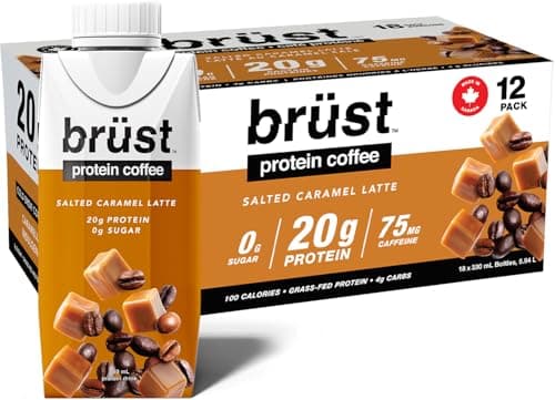 BRÜST PROTEIN COFFEE SALTED CARAMEL LATTE - Caramelly indulgence slightly sweet (20g Protein, 75mg Caffeine, 100 Calories) Caramel, Smooth, Slightly Sweetened Cold Brew Coffee, 330mL, 12 Pack, Brust Iced Coffee - AS SEEN ON DRAGON'S DEN