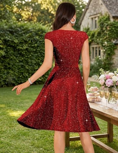 DRESSTELLS Cocktail Dresses for Women 2026 Modest Formal Wedding Guest Valentine's Day Tea Party Sequin Sparkly Knee Length Prom Dress Glitter_Burgundy M — view 2